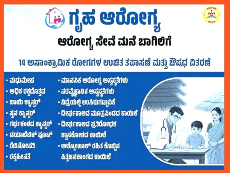 ರಾಜ್ಯ ಸರ್ಕಾರದಿಂದ ಗೃಹ ಆರೋಗ್ಯ ಯೋಜನೆ’ಗೆ ಚಾಲನೆ : ಈ 14 ಅಸಾಂಕ್ರಾಮಿಕ ರೋಗಗಳಿಗೆ ಸಿಗಲಿದೆ ಉಚಿತ ಚಿಕಿತ್ಸೆ.!
