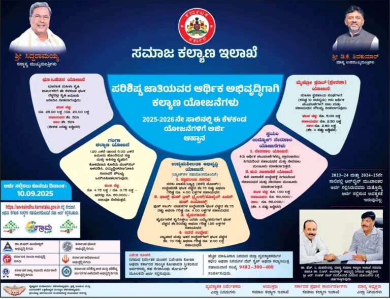 ಪರಿಶಿಷ್ಟ ಜಾತಿ ಸಮುದಾಯಕ್ಕೆ ವಿವಿಧ ಯೋಜನೆಗಳಿಗೆ ಅರ್ಜಿ ಆಹ್ವಾನ.!